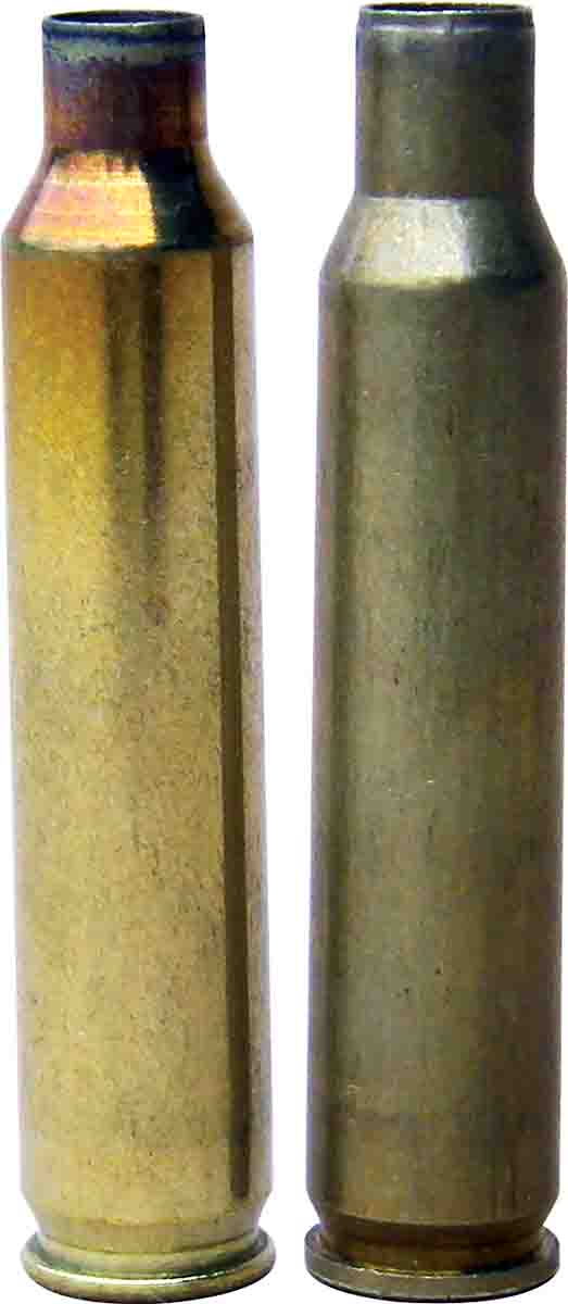 The .204 Ruger (left) is based on the .222 Remington Magnum case (right) necked down and with the shoulder moved  forward.